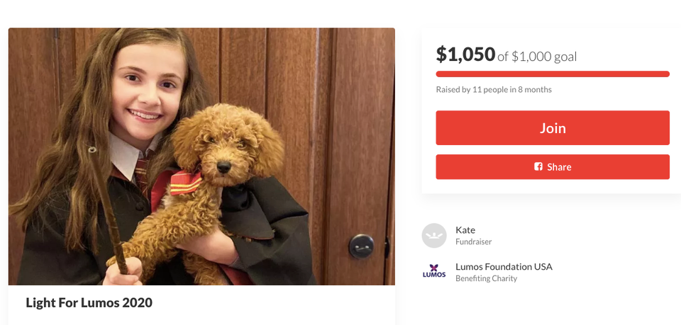 A screenshot of the fundraising webpage for Lumos fundraiser, Kate.